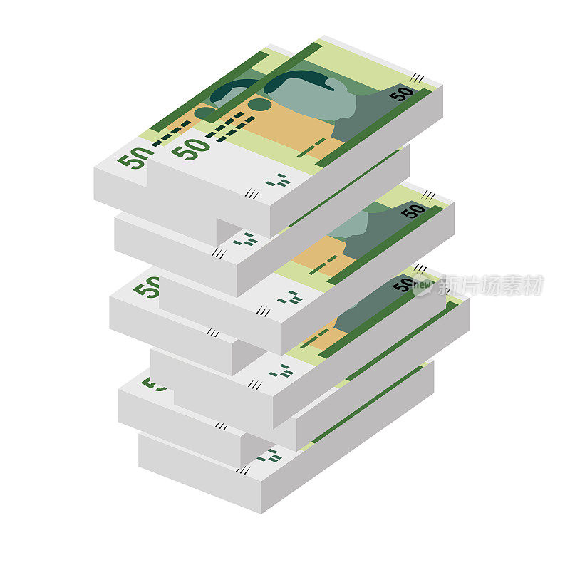 摩洛哥迪拉姆矢量插图。摩洛哥，休达，梅利利亚，西班牙货币集捆绑钞票。纸币50 MAD。平的风格。孤立在白色背景上。简单的最小设计。